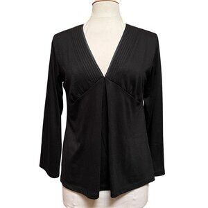 Jones New York‎ Womens Lg Black V Neck Top Babydoll Pleated Goth Career Office